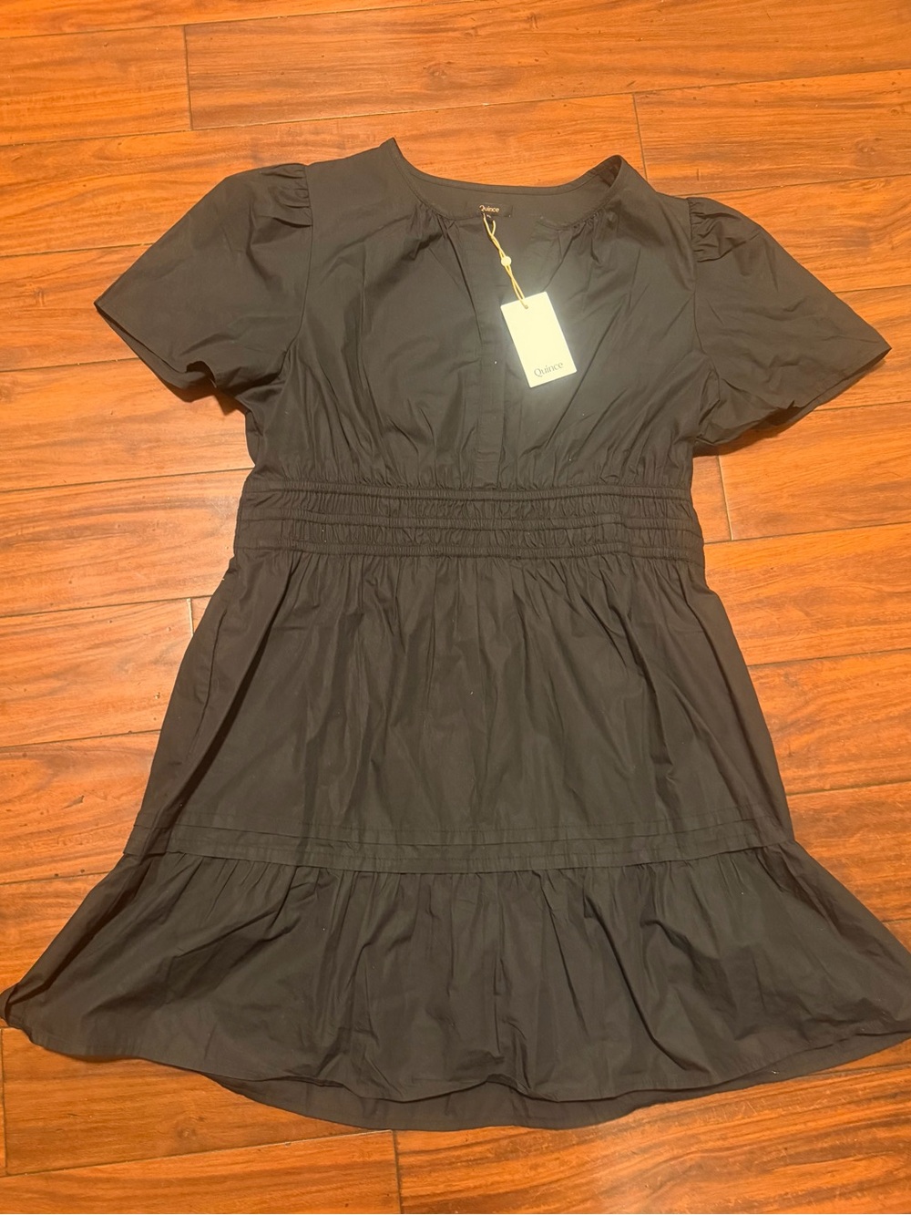 Quince Black Puff-Sleeve Smocked Mini Dress 100% organic cotton - Picture 5 of 10